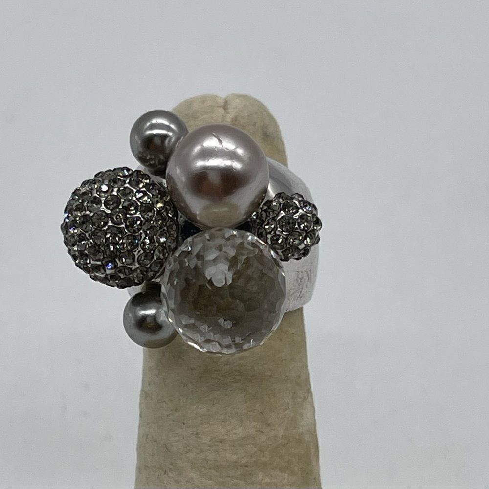 Statement Ring w/ Faux Pearl, Rhinestones and Crystal Decor on Silver Tone